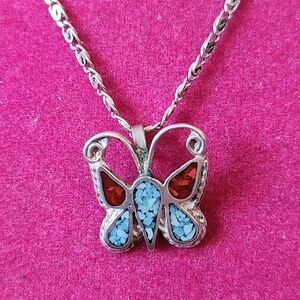 Vintage Zinu Tested Silver Crushed Turquoise & Coral 16" Necklace
